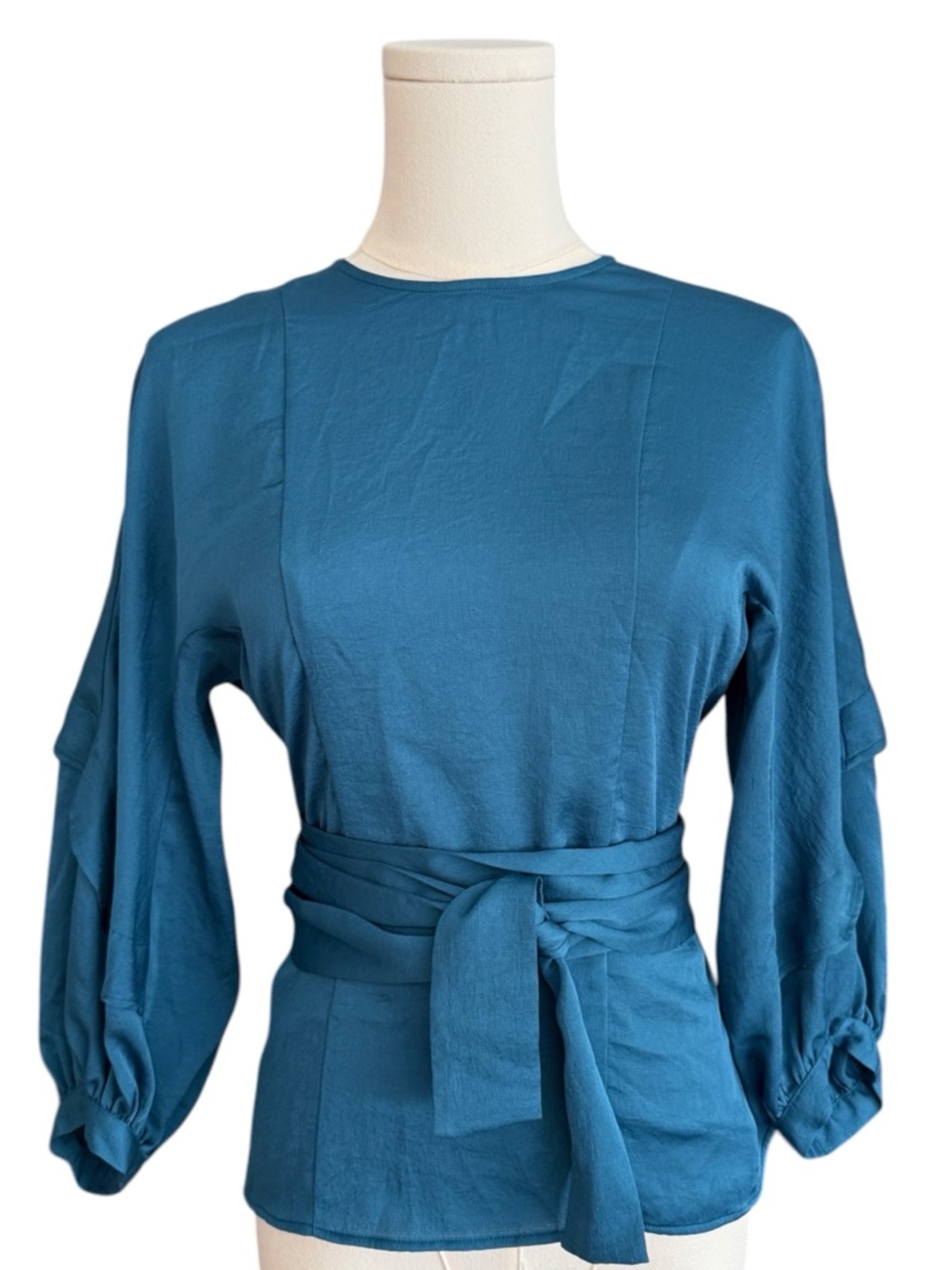 Maje Lavana Peacock Blue Crepe Wrap Belt Blouse Size 1 (US 4-6) French Design